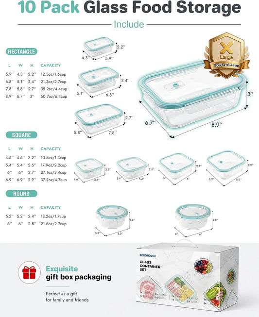 10-Pack Borosilicate Glass Food Storage Containers Set with Airtight Lids – Oven, Microwave & Freezer Safe, Leak-Proof, BPA-Free – Baking, Meal Prep & Gift Box