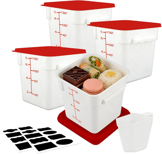 Square Food Containers with Lids 4-Pack, Commercial Grade Plastic Bins for Restaurant Kitchen Pantry Storage, Freezer & Dishwasher Safe (Red, 8QT-4PACK)