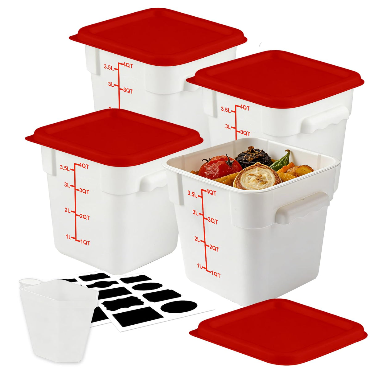 Square Food Containers with Lids 4-Pack, Commercial Grade Plastic Bins for Restaurant Kitchen Pantry Storage, Freezer & Dishwasher Safe (Red, 8QT-4PACK)