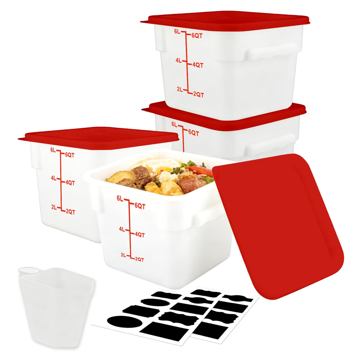 Square Food Containers with Lids 4-Pack, Commercial Grade Plastic Bins for Restaurant Kitchen Pantry Storage, Freezer & Dishwasher Safe (Red, 8QT-4PACK)