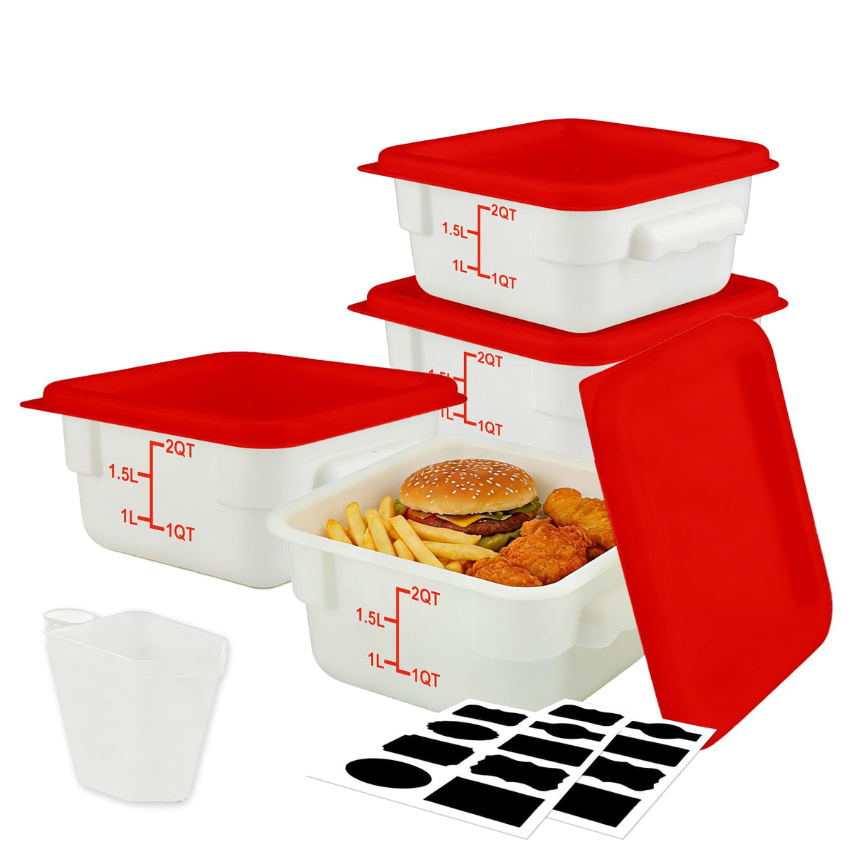 Square Food Containers with Lids 4-Pack, Commercial Grade Plastic Bins for Restaurant Kitchen Pantry Storage, Freezer & Dishwasher Safe (Red, 8QT-4PACK)