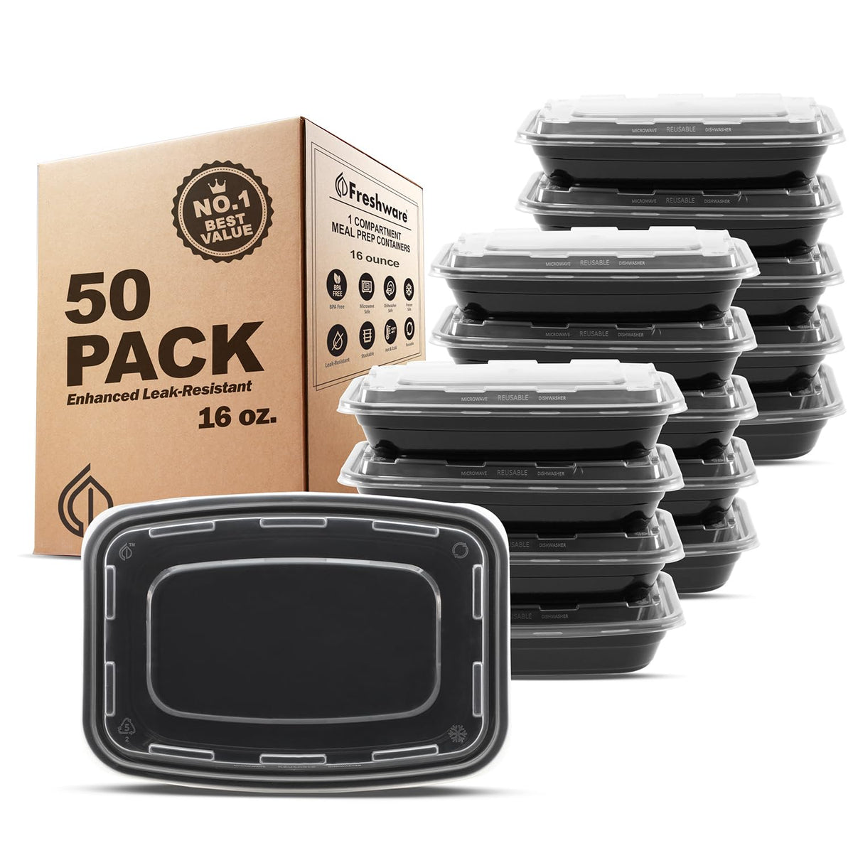Freshware Meal Prep Containers [150 Pack] 1 Compartment with Lids, Food Storage Containers, Bento Box, BPA Free, Stackable, Microwave/Dishwasher/Freezer Safe (24 oz)