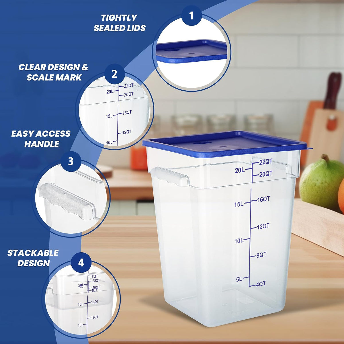 4 Pack 22QT Square Food Storage Containers with Lids