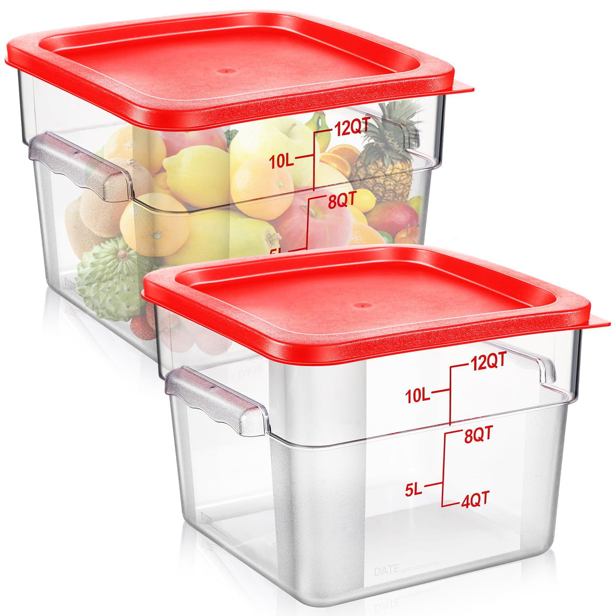 Suclain 2 Pcs Square Food Storage Container Polycarbonate Clear Food Container with Lid Commercial Rice Storage with Graduations for Commercial Kitchen(22 Qt,Red)