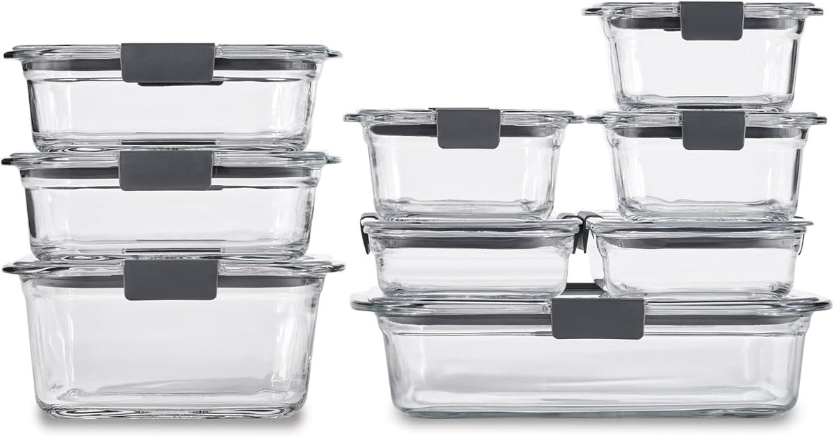 Rubbermaid Brilliance Glass Food Storage Containers, Assorted Sizes, Set of 9, BPA-Free, Leak-Proof, Clear