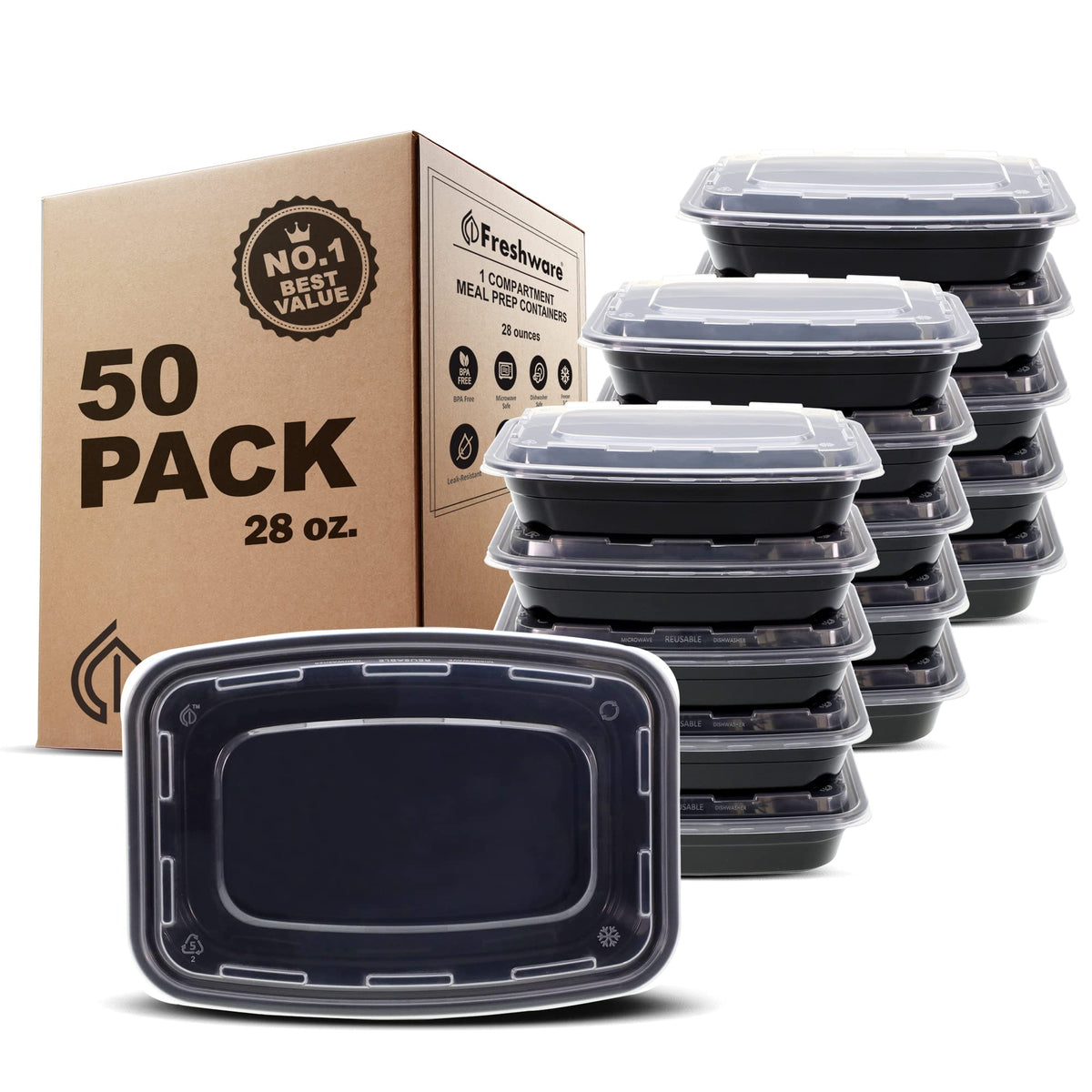 Freshware Meal Prep Containers [150 Pack] 1 Compartment with Lids, Food Storage Containers, Bento Box, BPA Free, Stackable, Microwave/Dishwasher/Freezer Safe (24 oz)