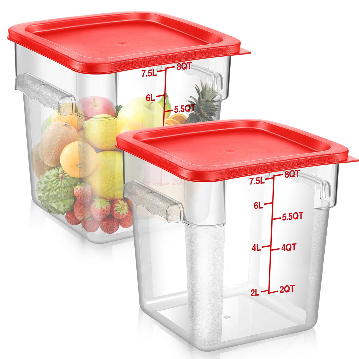 Suclain 2 Pcs Square Food Storage Container Polycarbonate Clear Food Container with Lid Commercial Rice Storage with Graduations for Commercial Kitchen(22 Qt,Red)