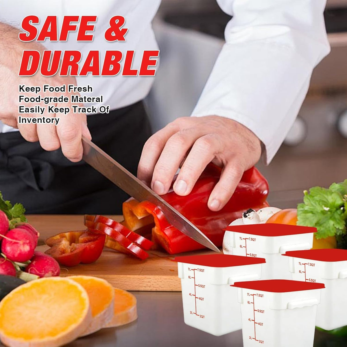 Square Food Containers with Lids 4-Pack, Commercial Grade Plastic Bins for Restaurant Kitchen Pantry Storage, Freezer & Dishwasher Safe (Red, 8QT-4PACK)
