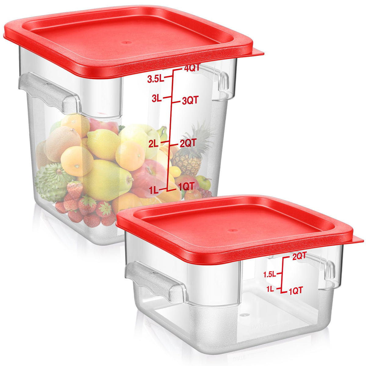 Suclain 2 Pcs Square Food Storage Container Polycarbonate Clear Food Container with Lid Commercial Rice Storage with Graduations for Commercial Kitchen(22 Qt,Red)
