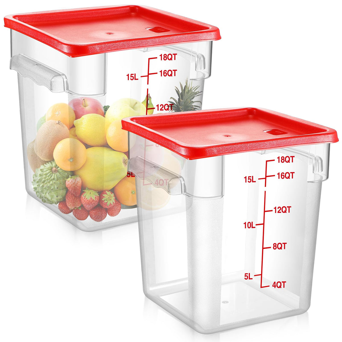 Suclain 2 Pcs Square Food Storage Container Polycarbonate Clear Food Container with Lid Commercial Rice Storage with Graduations for Commercial Kitchen(22 Qt,Red)