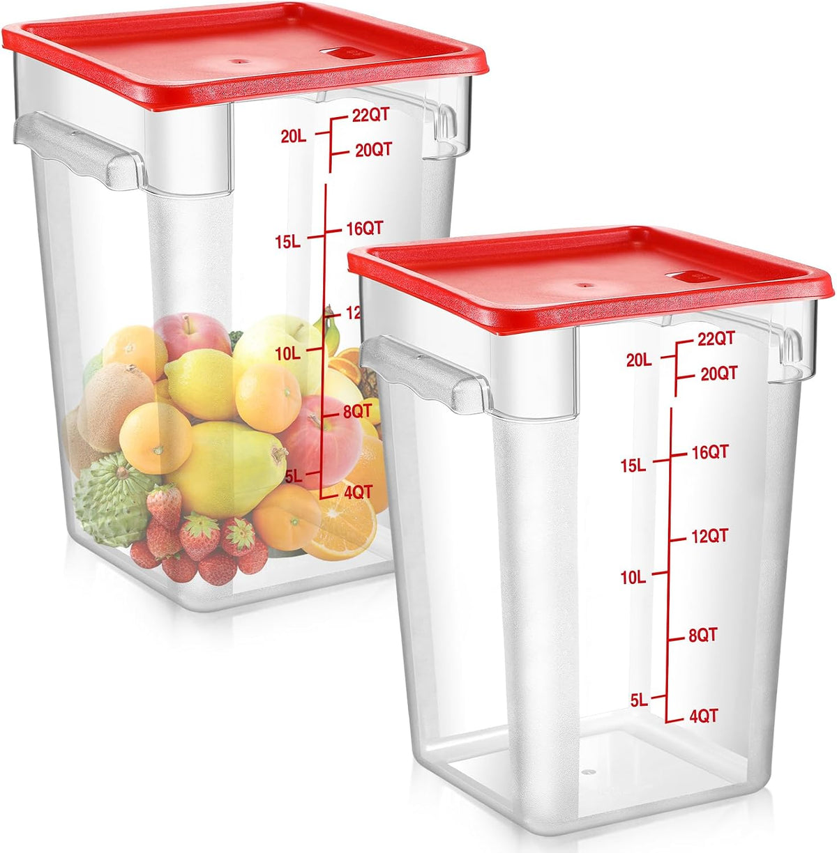 Suclain 2 Pcs Square Food Storage Container Polycarbonate Clear Food Container with Lid Commercial Rice Storage with Graduations for Commercial Kitchen(22 Qt,Red)