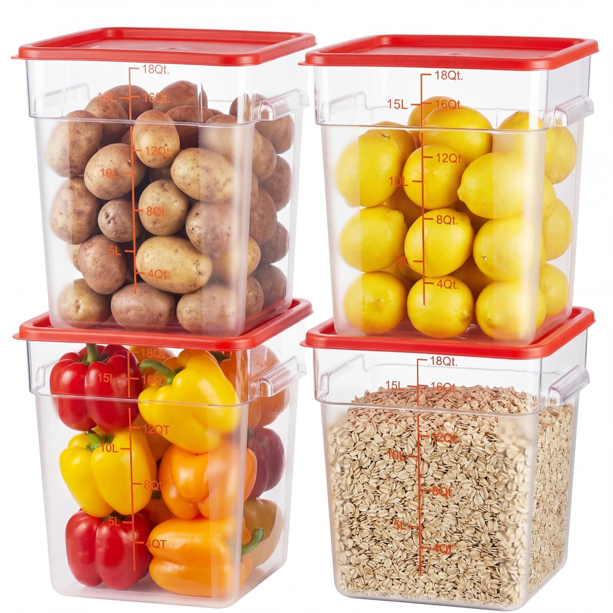 4 Pack Food Storage Containers with Green Lids, 4.0 Qt - Square, Clear, Polycarbonate, for Restaurant Commercial Kitchen and Home party