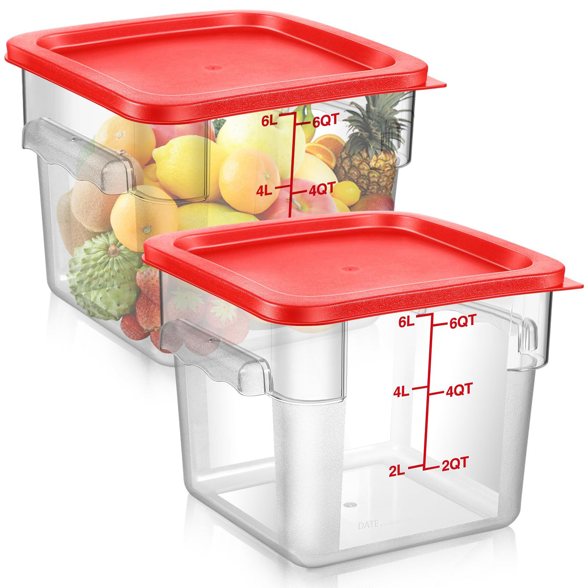 Suclain 2 Pcs Square Food Storage Container Polycarbonate Clear Food Container with Lid Commercial Rice Storage with Graduations for Commercial Kitchen(22 Qt,Red)