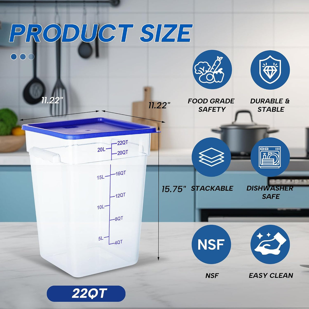 4 Pack 22QT Square Food Storage Containers with Lids