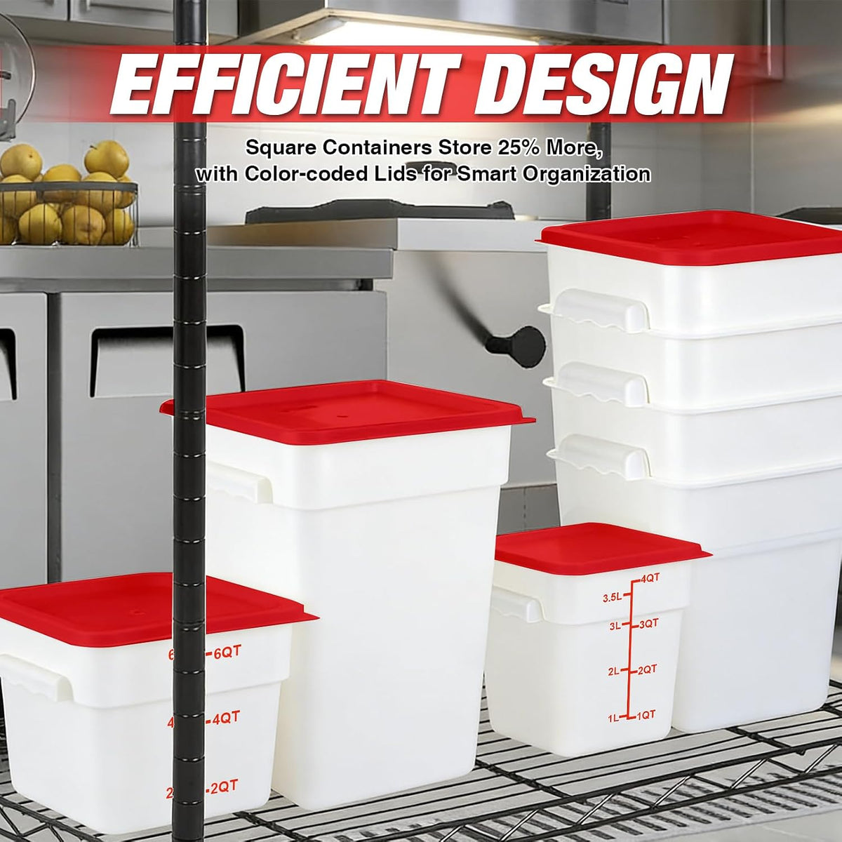 Square Food Containers with Lids 4-Pack, Commercial Grade Plastic Bins for Restaurant Kitchen Pantry Storage, Freezer & Dishwasher Safe (Red, 8QT-4PACK)