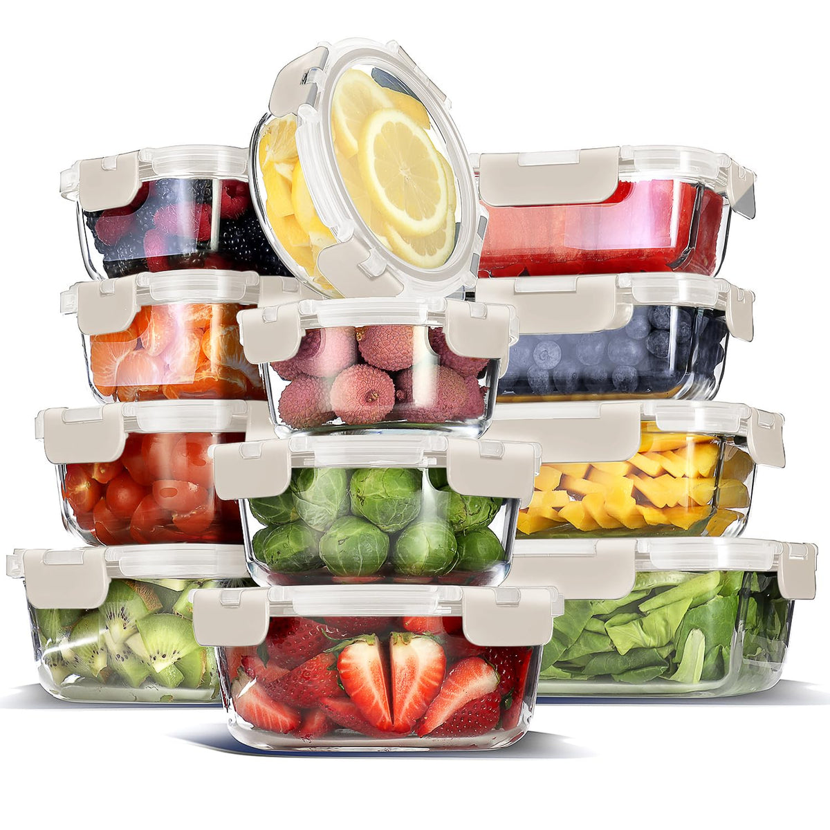 EATEX 48pc Glass Storage Containers with Lids, 24 Set Glass Food Storage Containers with 24 Airtight Lids, Pantry Kitchen Meal Prep Containers for Lunch, Freezer Storage Containers, Dishwasher Safe