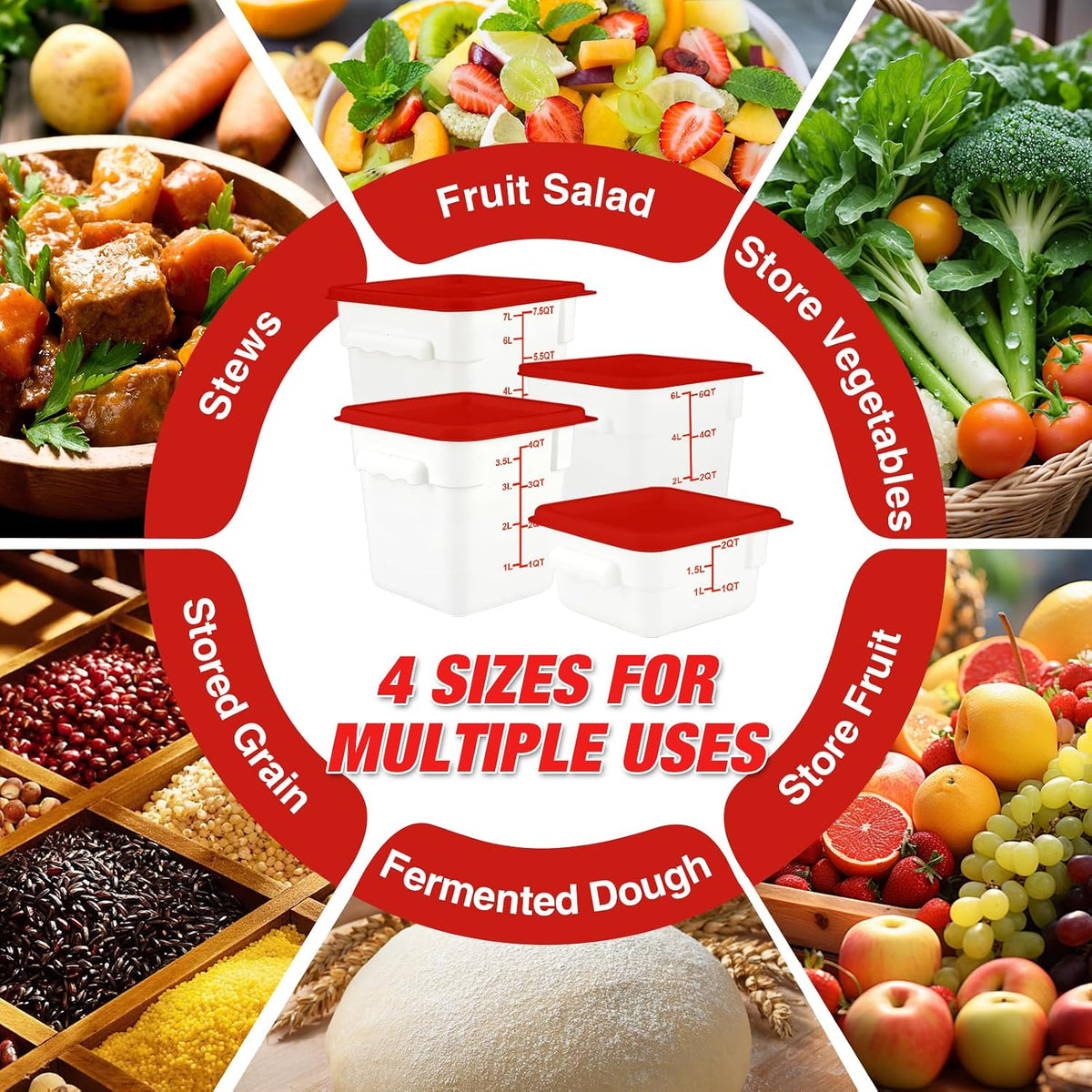 Square Food Containers with Lids 4-Pack, Commercial Grade Plastic Bins for Restaurant Kitchen Pantry Storage, Freezer & Dishwasher Safe (Red, 8QT-4PACK)