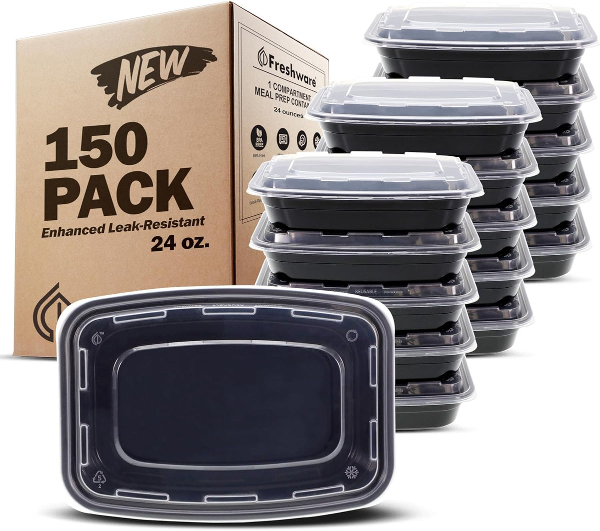 Freshware Meal Prep Containers [150 Pack] 1 Compartment with Lids, Food Storage Containers, Bento Box, BPA Free, Stackable, Microwave/Dishwasher/Freezer Safe (24 oz)