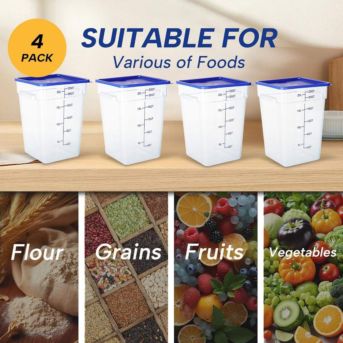 4 Pack 22QT Square Food Storage Containers with Lids