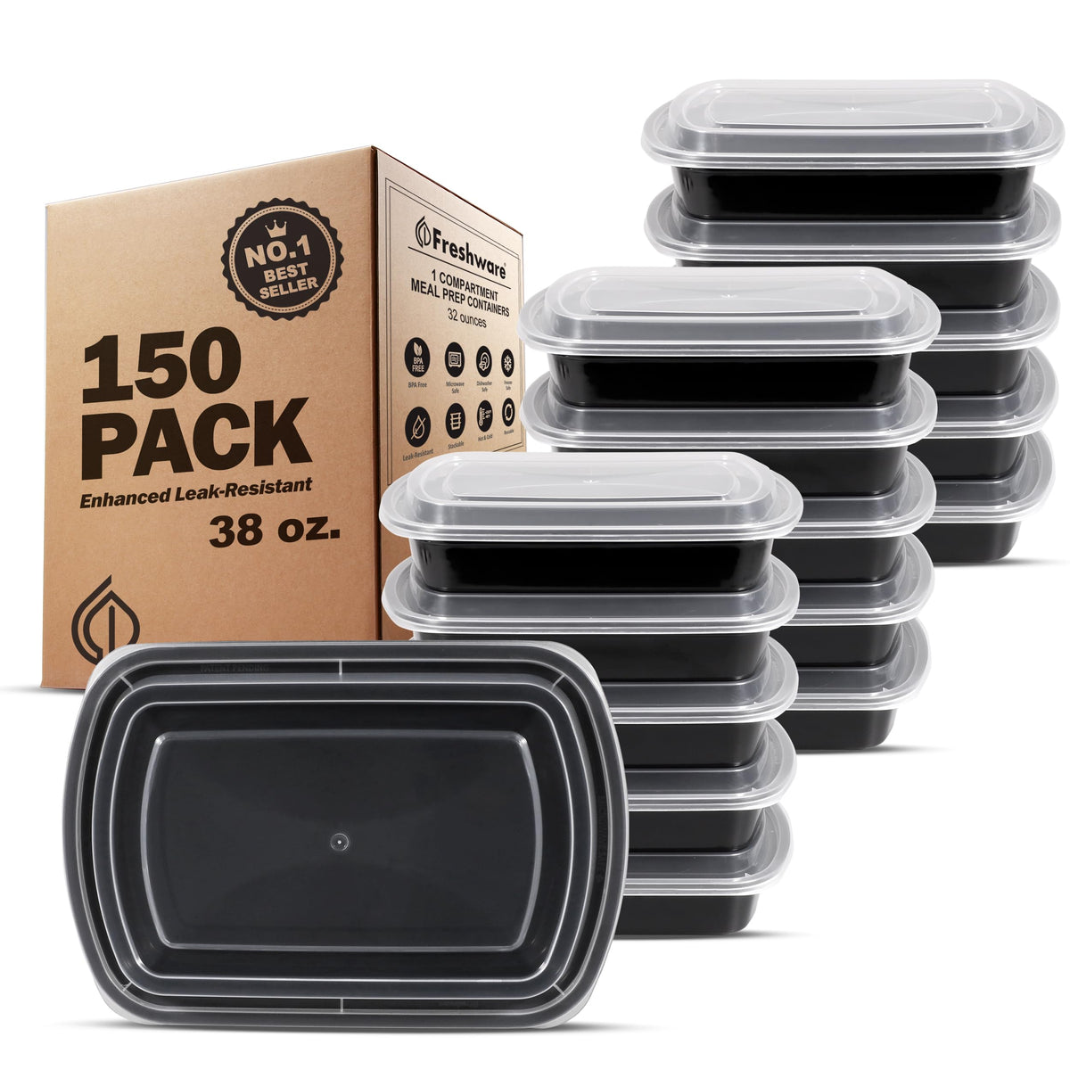 Freshware Meal Prep Containers [150 Pack] 1 Compartment with Lids, Food Storage Containers, Bento Box, BPA Free, Stackable, Microwave/Dishwasher/Freezer Safe (16 oz),Black