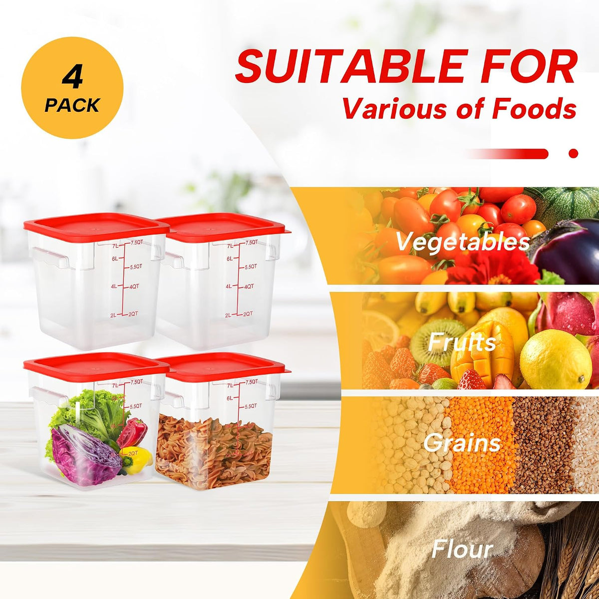 4 Pack 8QT Square Food Storage Containers with Lids