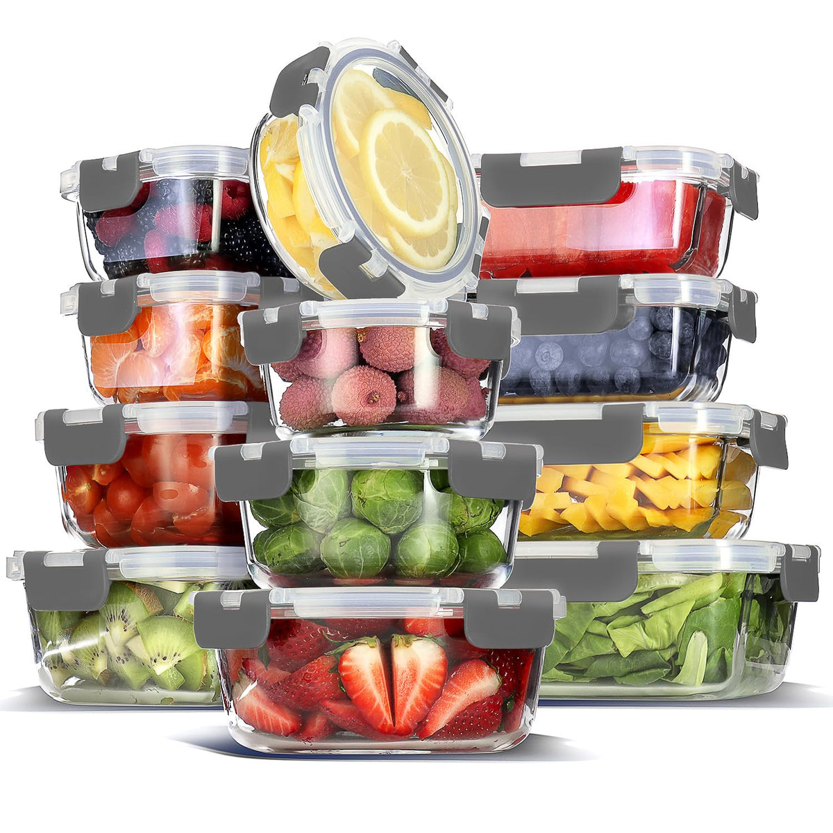EATEX 48pc Glass Storage Containers with Lids, 24 Set Glass Food Storage Containers with 24 Airtight Lids, Pantry Kitchen Meal Prep Containers for Lunch, Freezer Storage Containers, Dishwasher Safe