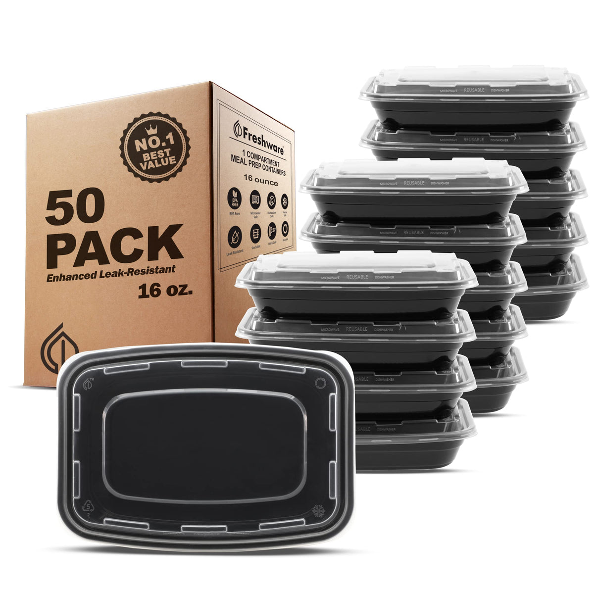 Freshware Meal Prep Containers [150 Pack] 1 Compartment with Lids, Food Storage Containers, Bento Box, BPA Free, Stackable, Microwave/Dishwasher/Freezer Safe (24 oz)