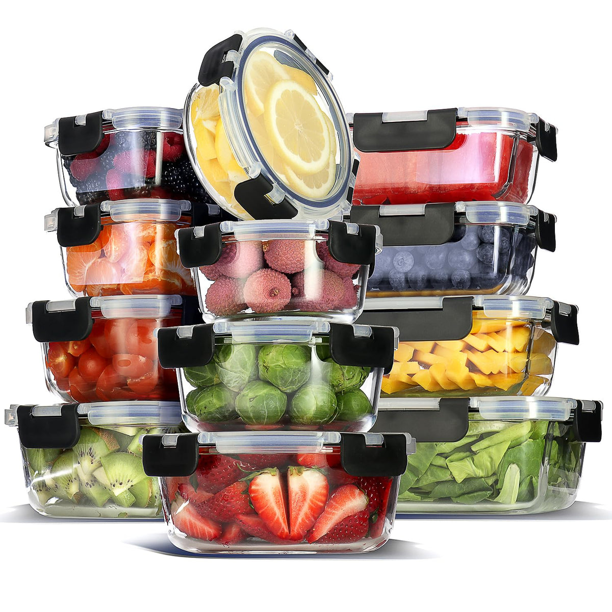 EATEX 48pc Glass Storage Containers with Lids, 24 Set Glass Food Storage Containers with 24 Airtight Lids, Pantry Kitchen Meal Prep Containers for Lunch, Freezer Storage Containers, Dishwasher Safe