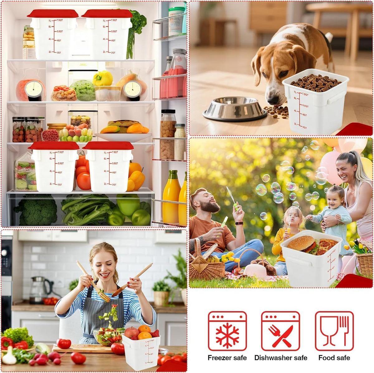 Square Food Containers with Lids 4-Pack, Commercial Grade Plastic Bins for Restaurant Kitchen Pantry Storage, Freezer & Dishwasher Safe (Red, 8QT-4PACK)