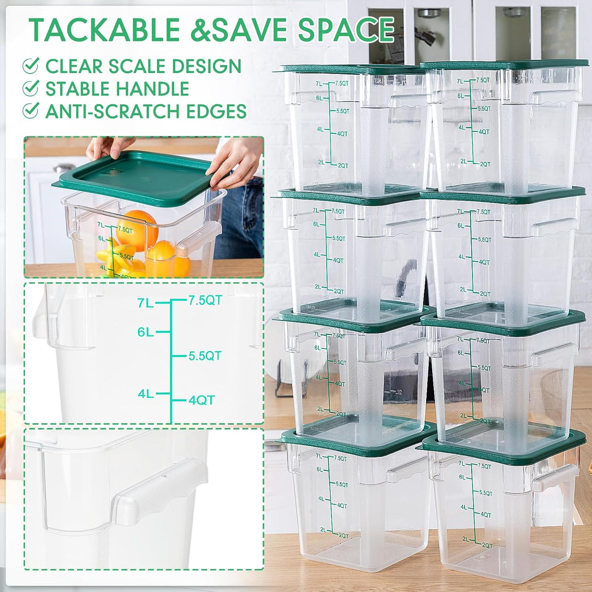 Lallisa 8 Pack 8 Qt Clear Food Storage Container with Lids, Green