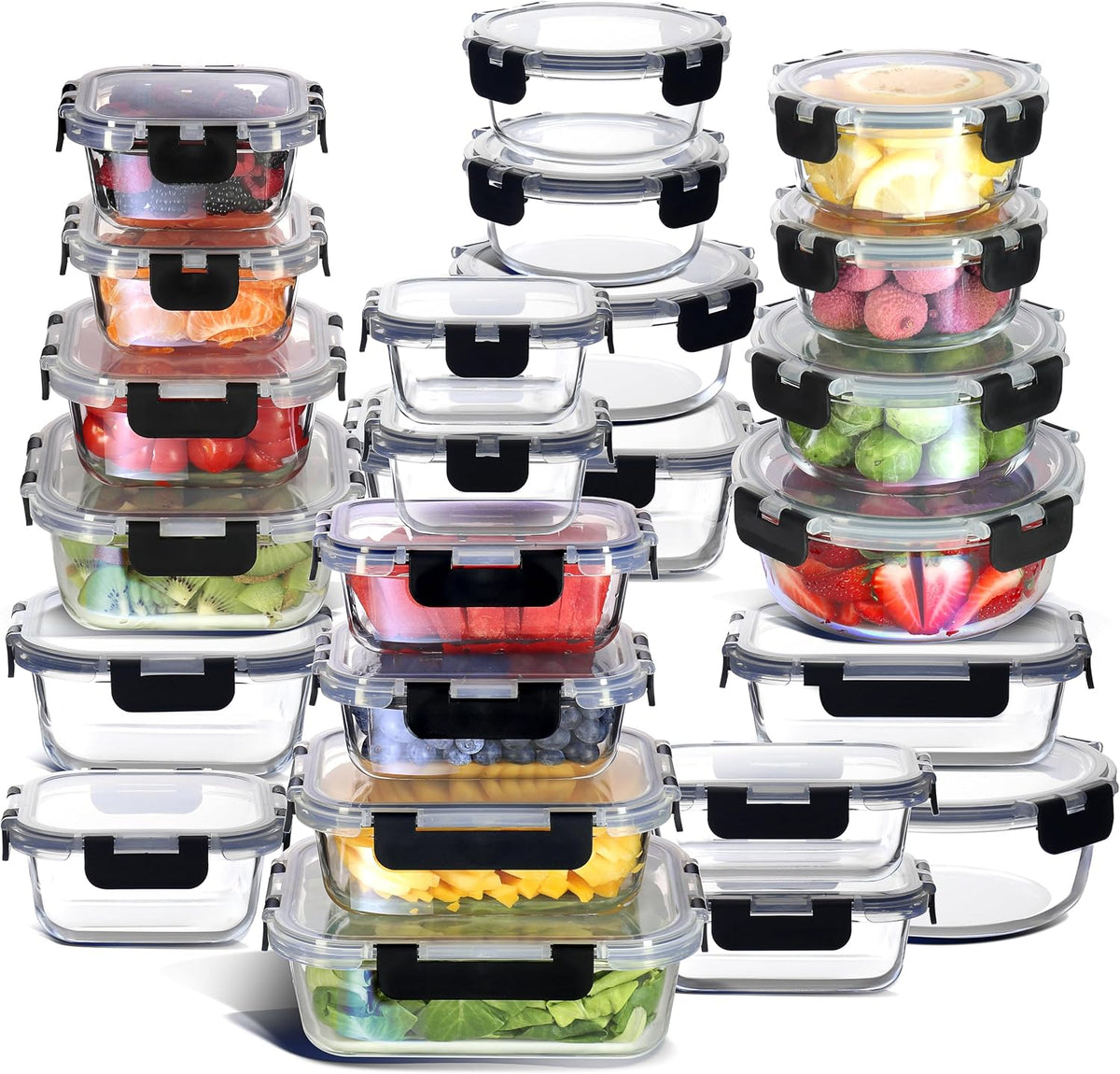 EATEX 48pc Glass Storage Containers with Lids, 24 Set Glass Food Storage Containers with 24 Airtight Lids, Pantry Kitchen Meal Prep Containers for Lunch, Freezer Storage Containers, Dishwasher Safe